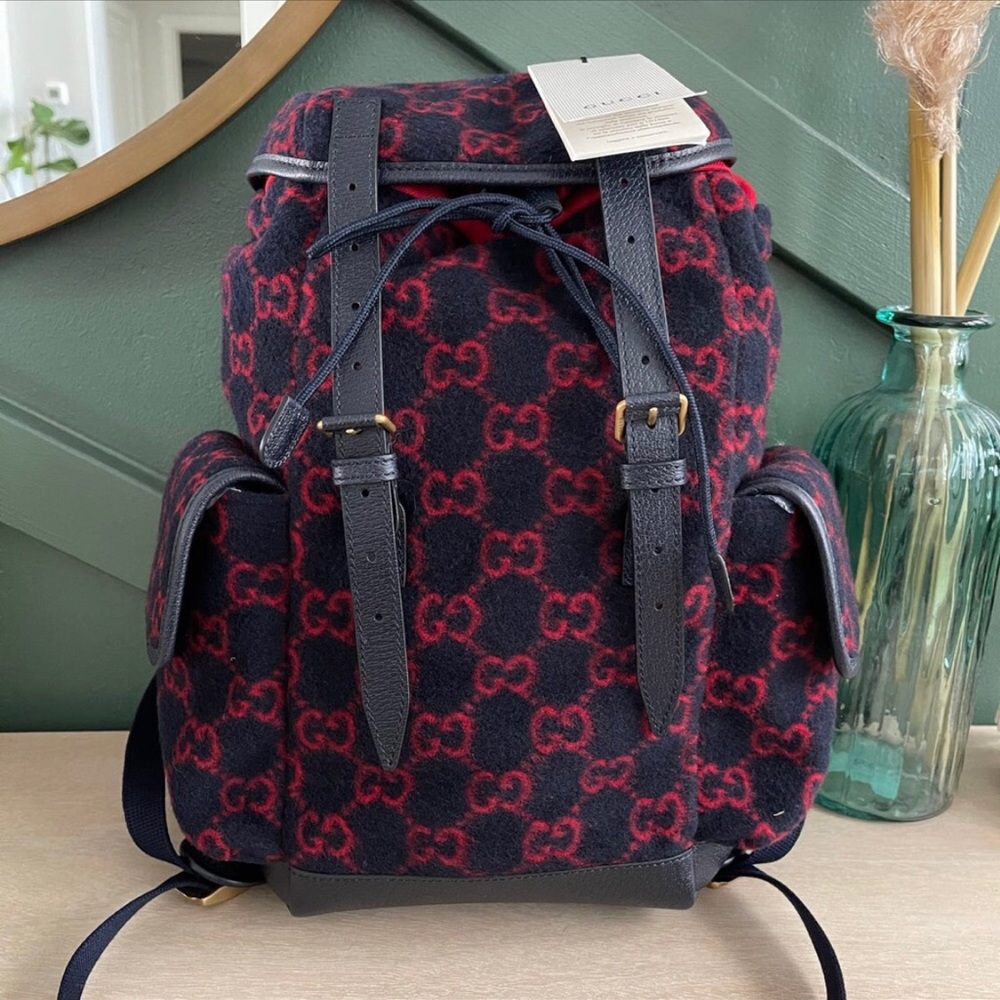 GUCCI
Wool GG Monogram Double Buckle Backpack Navy